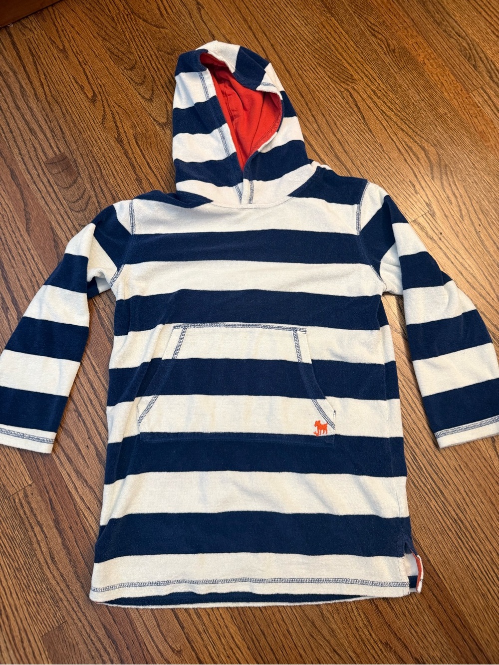 Mini Boden Navy & White Striped Hooded Kids Terry Beach Coverup Size 9-10y